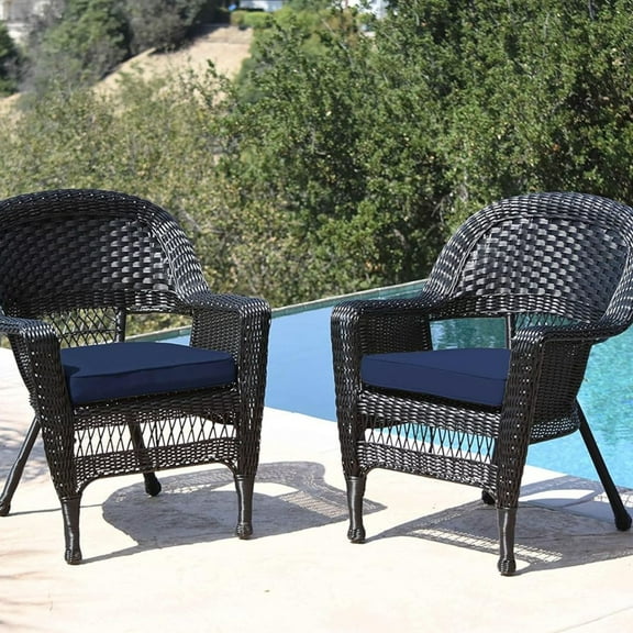 Jeco Black Wicker Chair With Midnight Blue Cushion - Set of 2