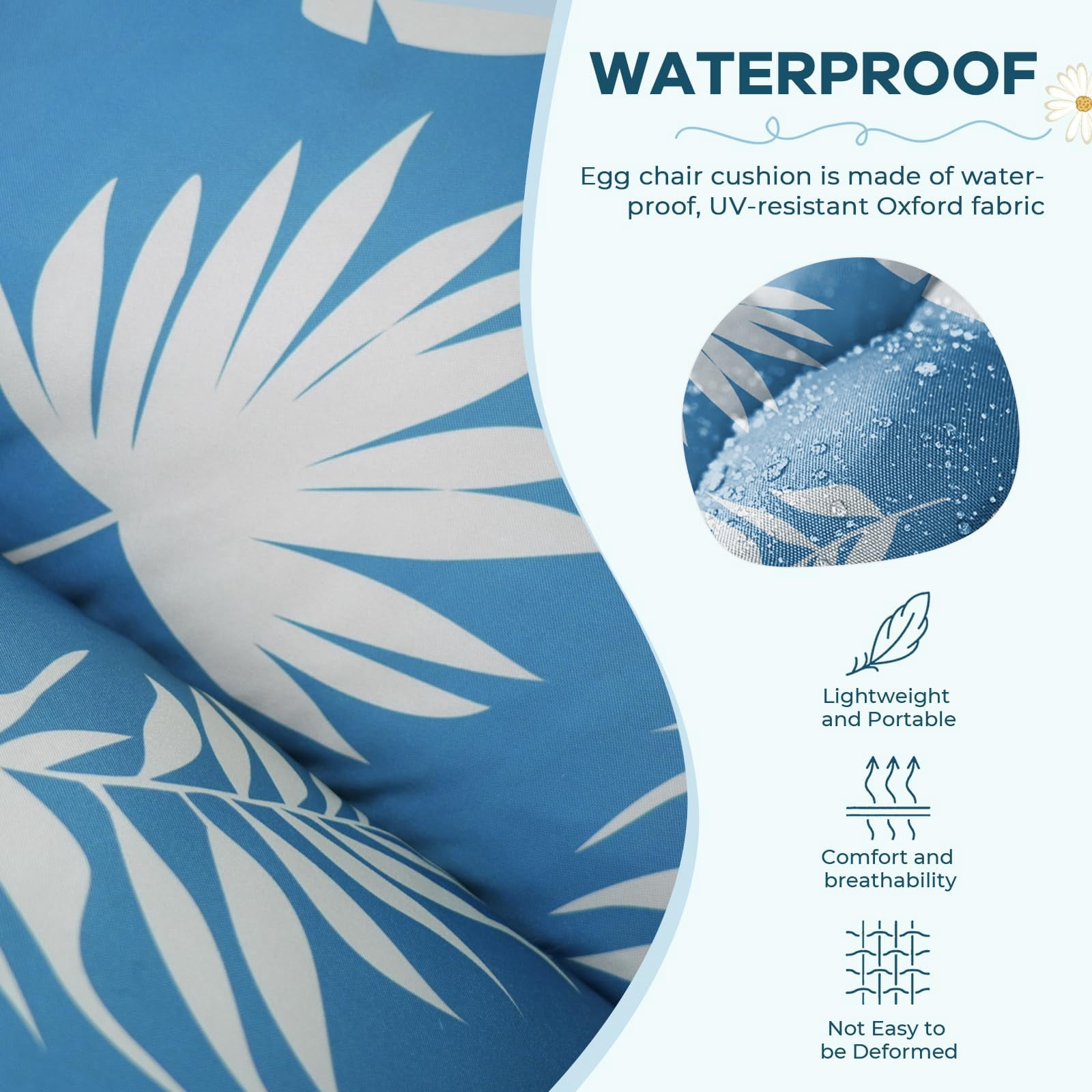 Waterproof Egg Chair Cushion Replacement Outdoor Hanging Egg Chair Cushion 47x35x7 Inches Thicken Couch Cushions with Ties, Blue Enchantress