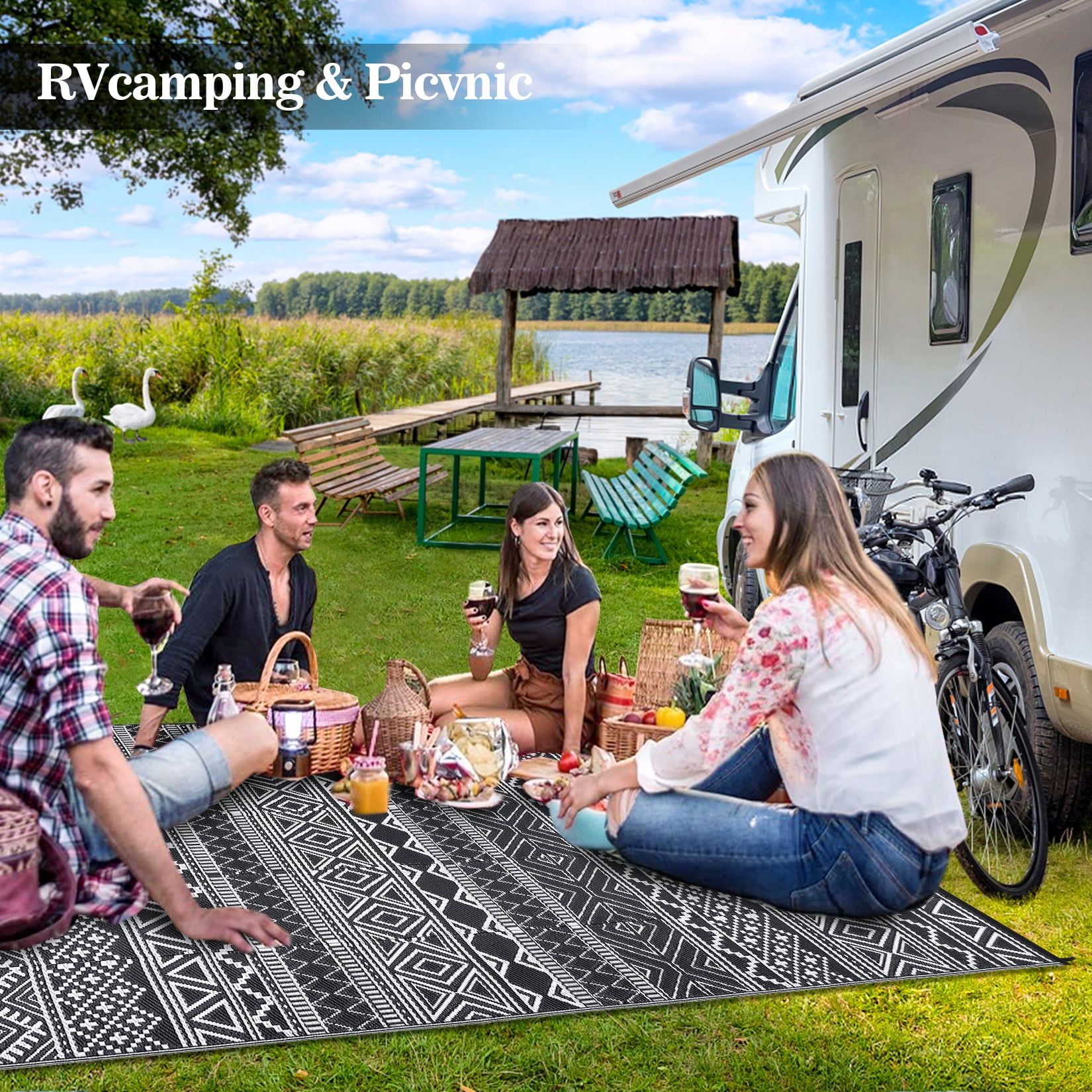HIWEAVER 9' x 12' Black/White Outdoor Rug PP Plastic Straw Woven Waterproof Patio Rug with Border Portable Outside Carpet for Balcony Deck Picnic Garden Decor