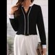 thumbnail image 5 of Blusas Elegantes de Larga para Mujer, con Cuello en V y Bloques de Color, para Negocios y Trabajo, Ropa de Moda para Otoño. Negro XXL, 5 of 9