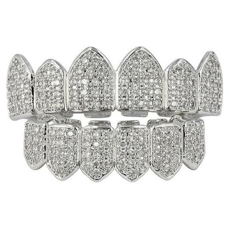 KingFurt 1Pair  Silver Plated Bling Bling Cubic Zirconia Top & Bottom Mouth Teeth