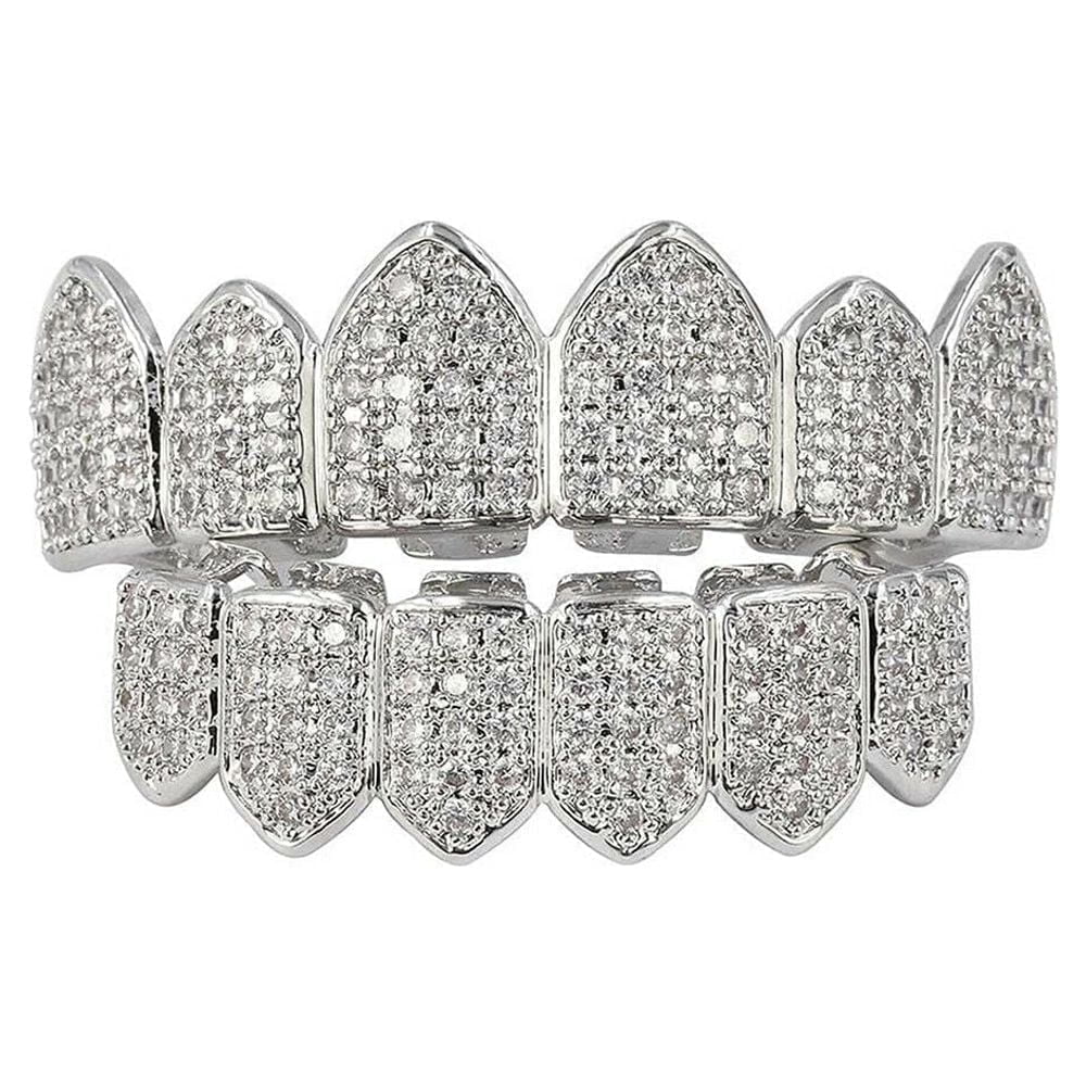 KingFurt 1Pair Silver Plated Bling Bling Cubic Zirconia Top & Bottom Mouth Teeth
