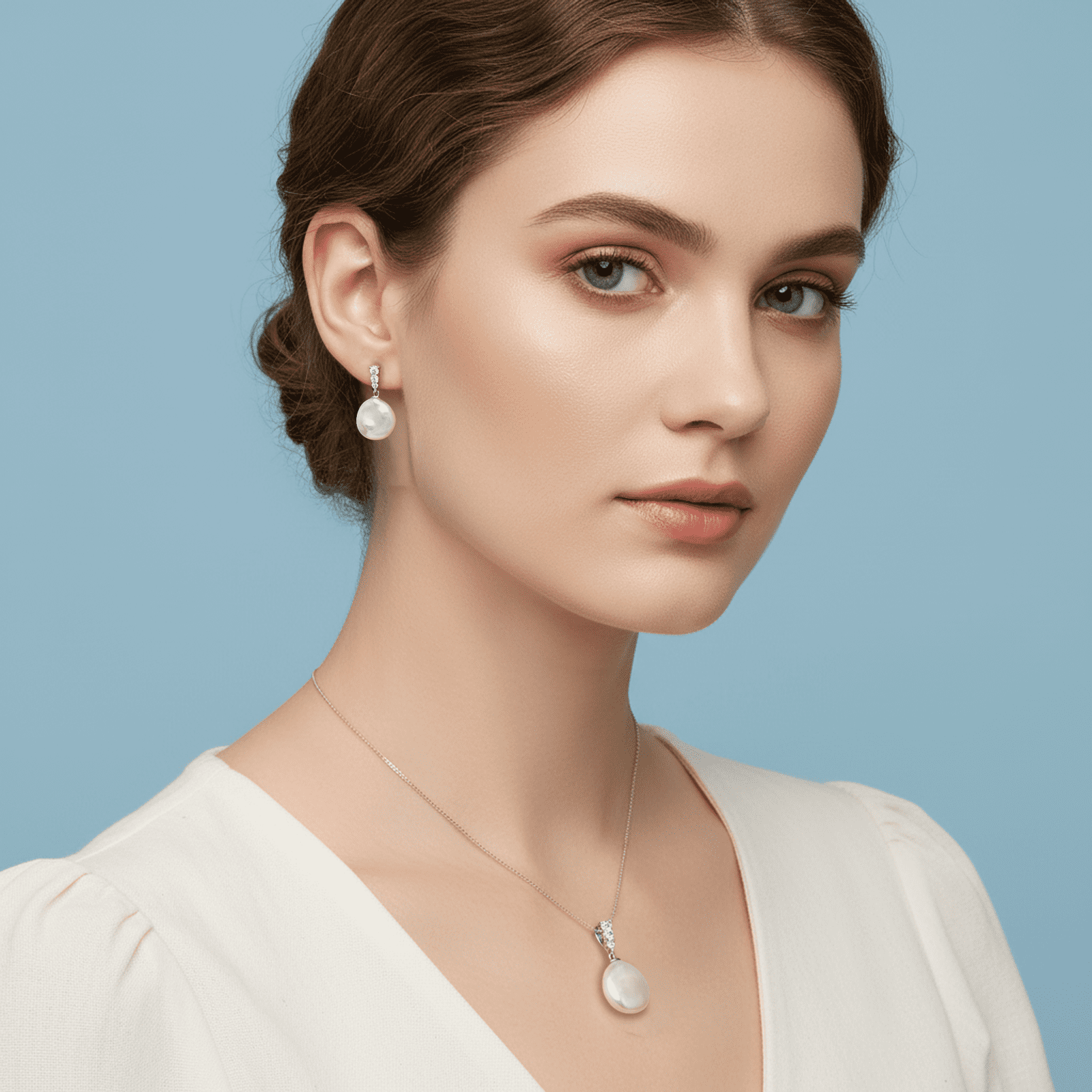 YAMI 9-10mm Cultured Pearl Necklace & Earrings Set 925 Sterling Silver CZ Button Pearl  Jewelry Gift for Women