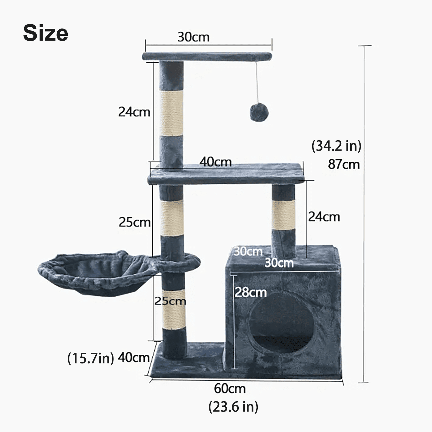 Asunby Cat Tower Tree,38-inch Multi-Level Cat Tree for Kittens | Gray-Blue | 2 Hammocks, Top Platform & Pompoms