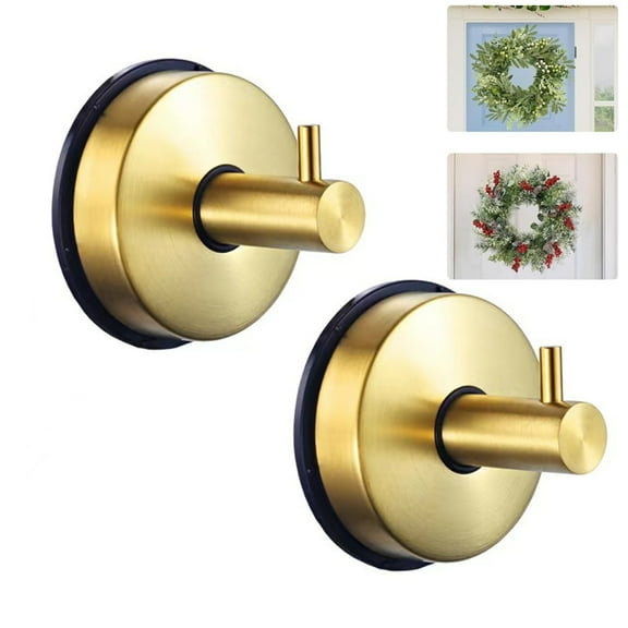 Bxaolu Suction Cup Wreath Hanger, Suction Cup Hooks Hanging 15 Lbs, Waterproof Suction Cup Wreath Holder for Windows, Shower, Wreaths,Smooth Doors (2, Gold)