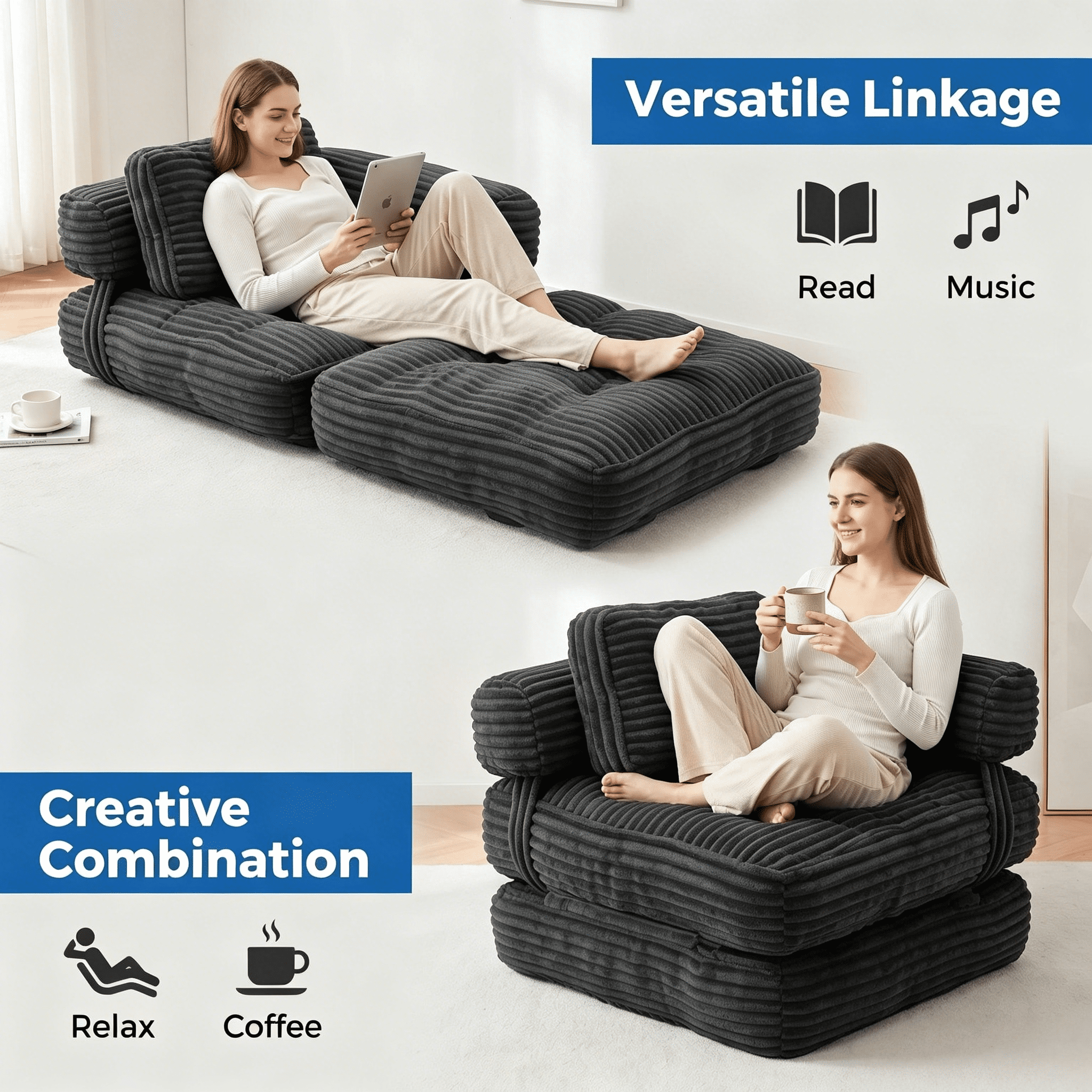 Howcool Corduroy Folding Sofa Bed,3 in 1 Convertible Sleeper Chair with Pillow & L-shaped Lumbar Pillow,Boneless Floor Sofa Couch Lounge Chair for Living Room Dorm,Dark Gray