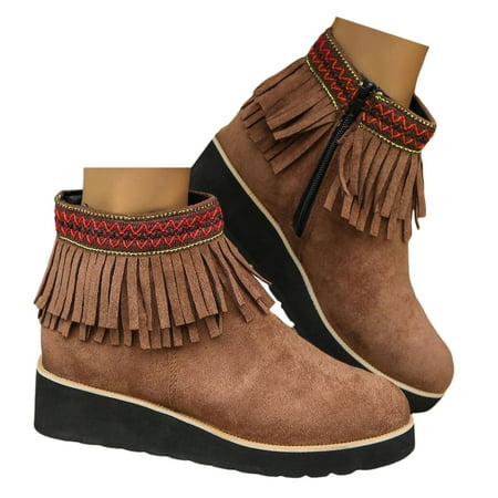 

Oyedens Platform Wedge Ankle Boots for Women Boho Tassel Ankle Booties Low Heels Short Boots Vacation