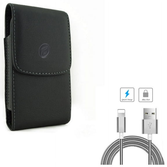 6ft Metal USB Cable w Leather Case Belt Clip for iPhone XS X 8 7 6S 6 - Charger Cord Power Wire Long Sync Fast Charge, Holster Cover Pouch Vertical Carry Protective