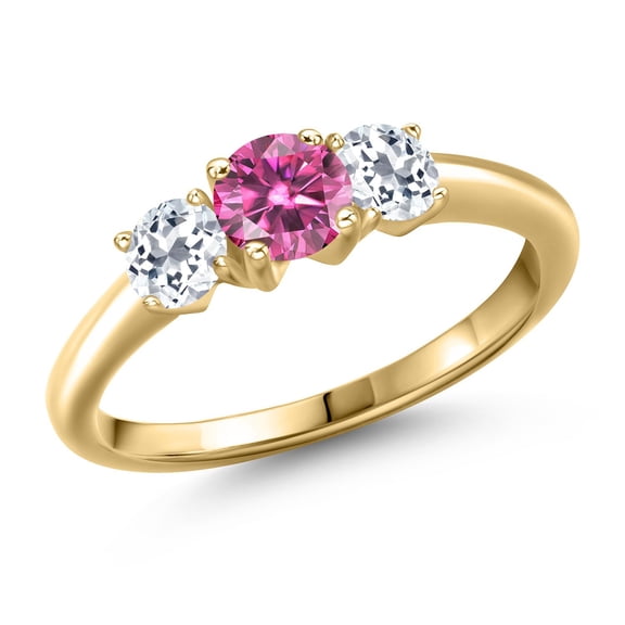 Gem Stone King 10K Yellow Gold Pink Moissanite and White Topaz Engagement Ring for Women | 1.16 Cttw | Round 5MM | Gemstone Birthstone | Size 6