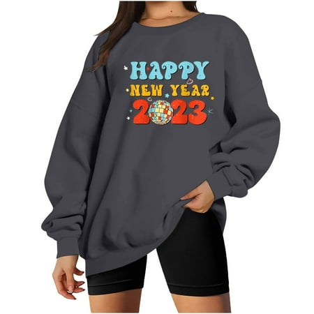 

Aueoeo Cute Tops Oversized Shirts for Women Happy New Year Women s Round Neck Solid Color Print Long Sleeve Shirt