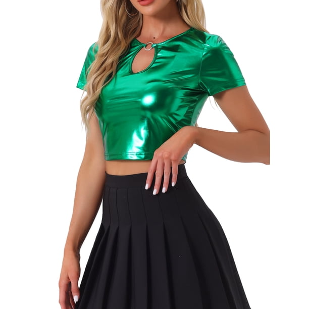 INSPIRE CHIC Crop Tops Metálicos para Mujeres con Manga Corta y Abertura para Fiesta de Halloween Top Holográfico Brillante XL Verde