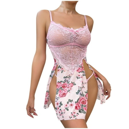 Tao Tao Women s Chemise Slip Dress With Thongs Set Floral Babydoll Fashion Mesh Nightdress Sleepwear For Valentine s Day Pink M