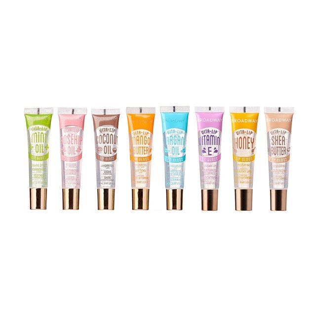Broadway Vita-Lip Clear Lip Gloss (8 Pack), Ultra-Hydrating & Soothing Formula with Vitamins, High-Shine Non-Sticky Finish Lip Balm with Mint, Rosehip, Coconut, Mango, Argan, Honey