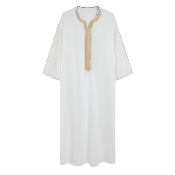 safuny Men's Muslim Islamic Ramadan Jubbah Fashion Solid Spring Long Sleeve Fall Tees Stand Collar Button Down Saudi Arab Long Kaftan Robe Trendy Pullover Holiday White L