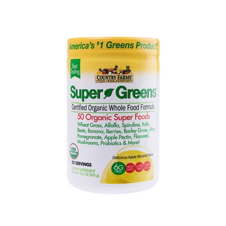 Country Farms Super Greens Apple Banana Flavor, 50 Organic Super Foods, USDA Organic Drink Mix, 20