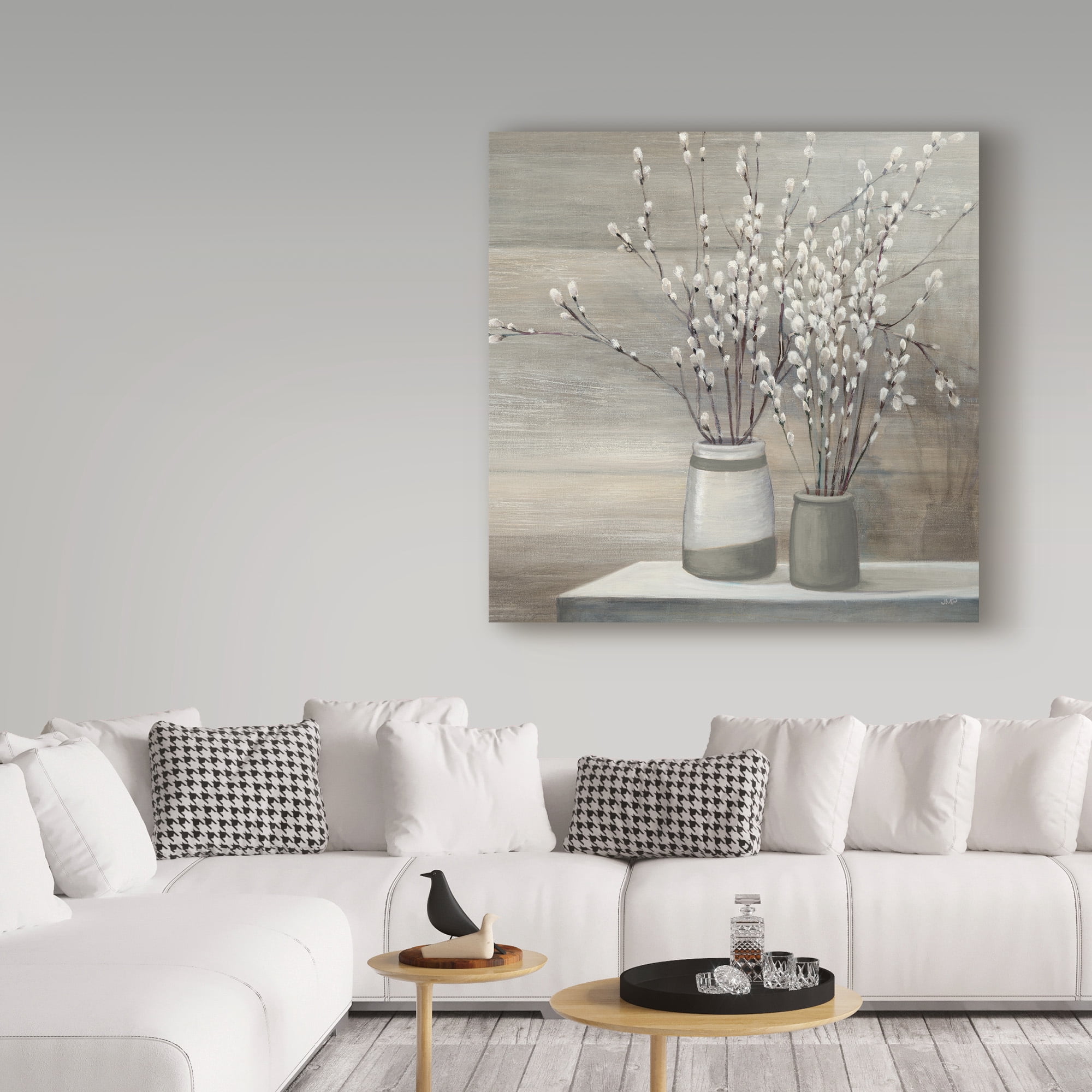 Julia Purinton 'Pussy Willow Still Life Gray Pots Crop' Canvas Art
