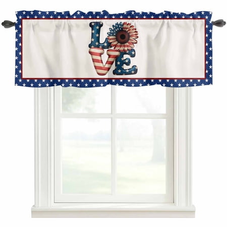Independence Day Rod Pocket Curtain Valance Patriotic Love Sunflowers American Flag Farmhouse Window Valance for Living Room Bedroom Kitchen 60 W x 18 L