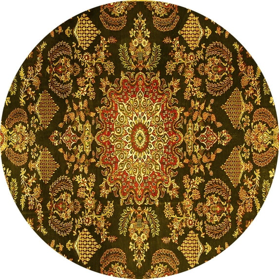 Ahgly Company Machine Washable Indoor Round Medallion Yellow Traditional Area Rugs, 8' Round