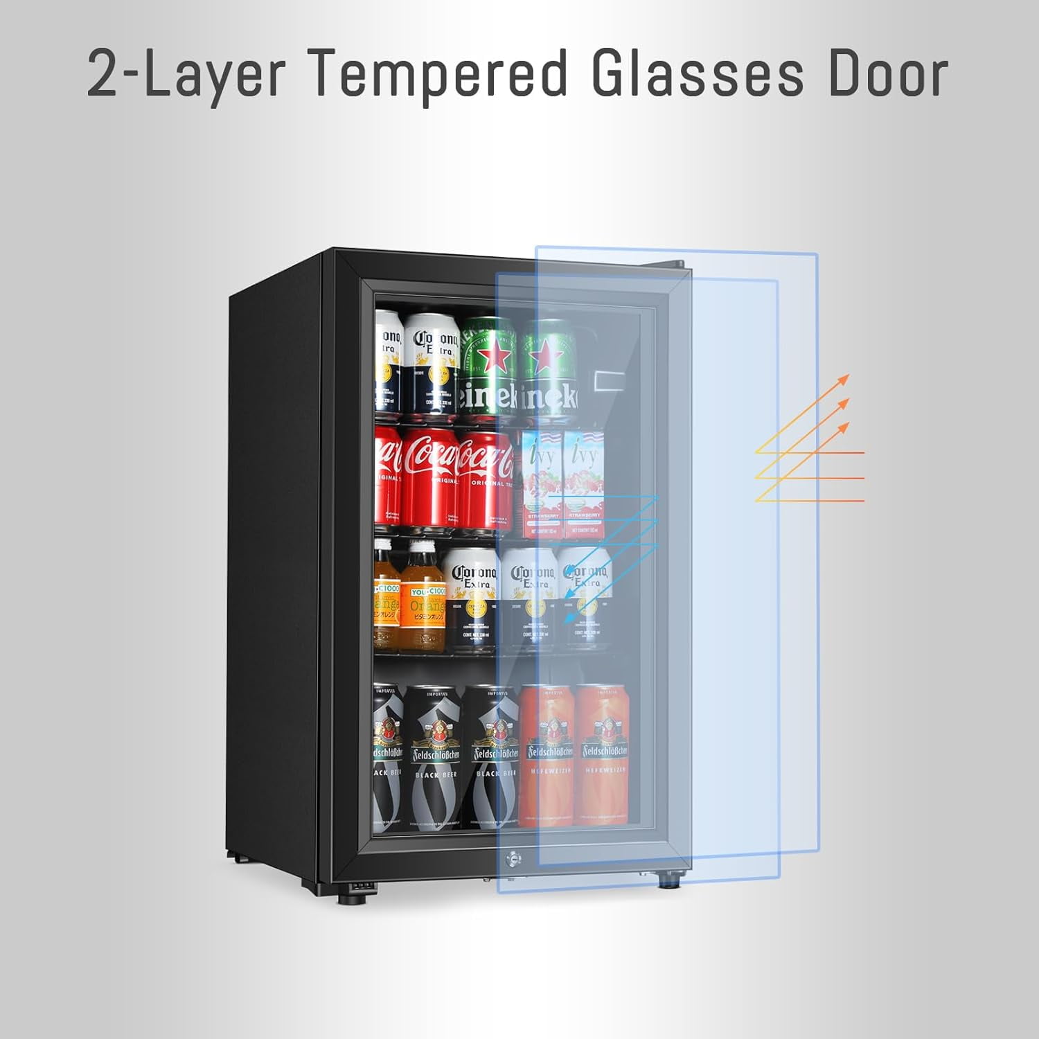 HUMSURE 80 Can Freestanding Beverage Refrigerator, 2.3 cu.ft Drink Fridge with Glass Door, LED Light