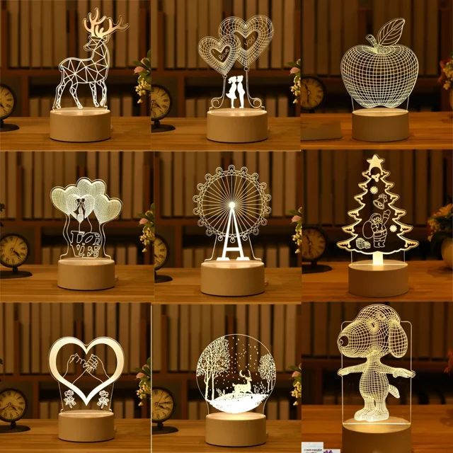 Lámpara 3D de acrílico con USB, luces LED de noche, letrero de neón, decoraciones navideñas para el hogar, dormitorio, decoración de cumpleaños, regalos de boda1472