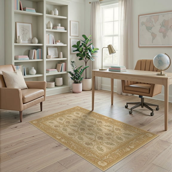 ODIKA 4'x6' Beige Floral Art Nouveau Design Washable Area Rug Elegant Botanical Motif with Ornate Borders for Home Office, Under Desk, Non-Slip Chair-Friendly, Flatwoven