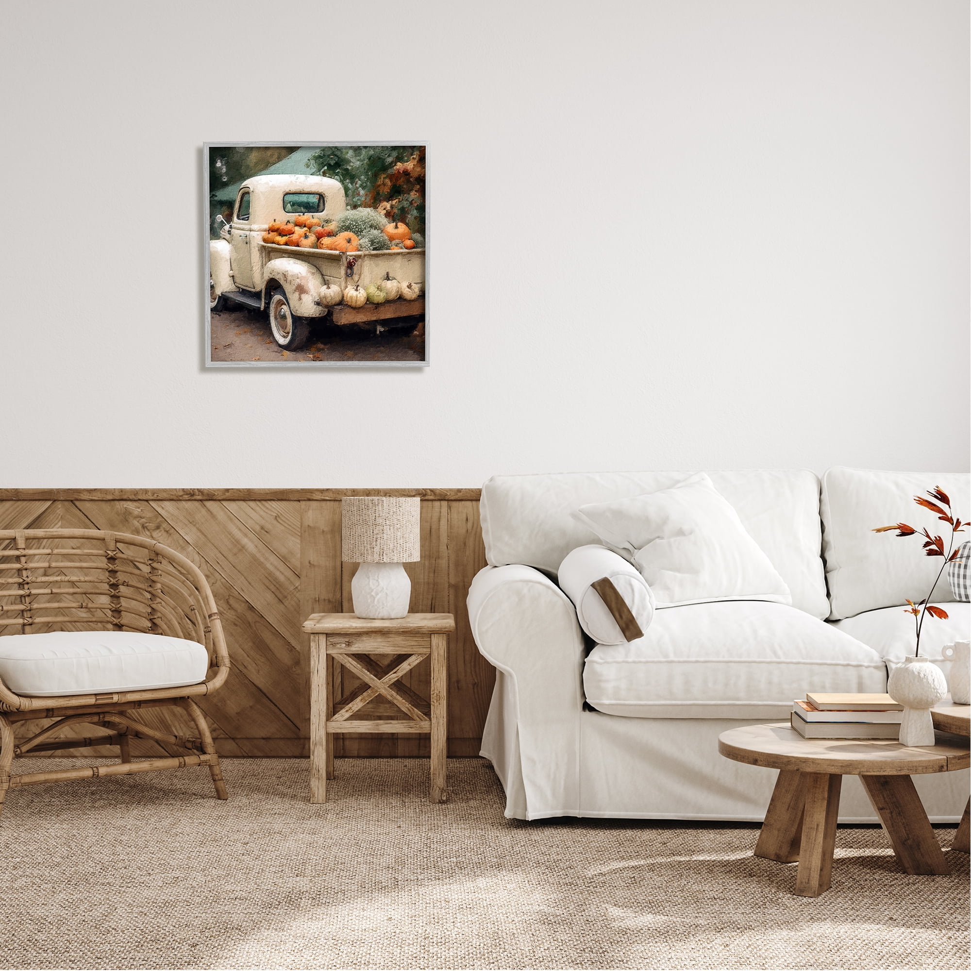 Stupell Industries Pumpkin & Gourd Truck Holiday Painting Gray Framed Art Print Wall Art, 24 x 24