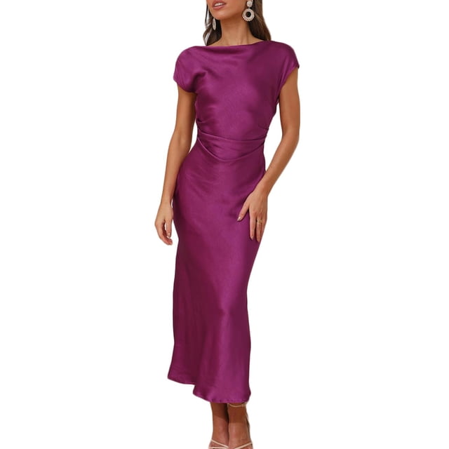 Vestido Gmeitoey 2025 de satén con mangas casquillo en la espalda, fucsia