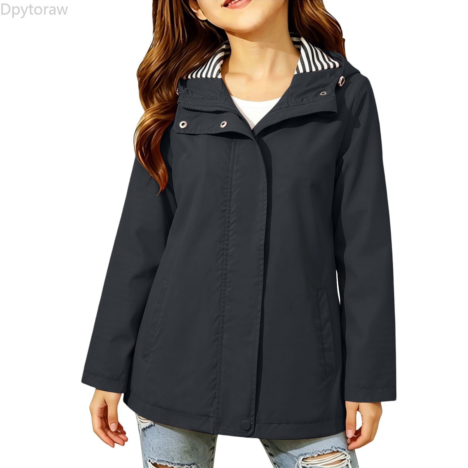 Dpytoraw Girls Long Sleeve Rain Jacket Solid Color Waterproof Hooded Coat Black Size 5-6 Years