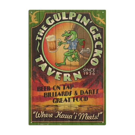Kauai, Hawaii, Gecko Tavern Vintage Sign Birch Wood Wall Sign (6x9 Rustic Home Decor, Ready to Hang Art)