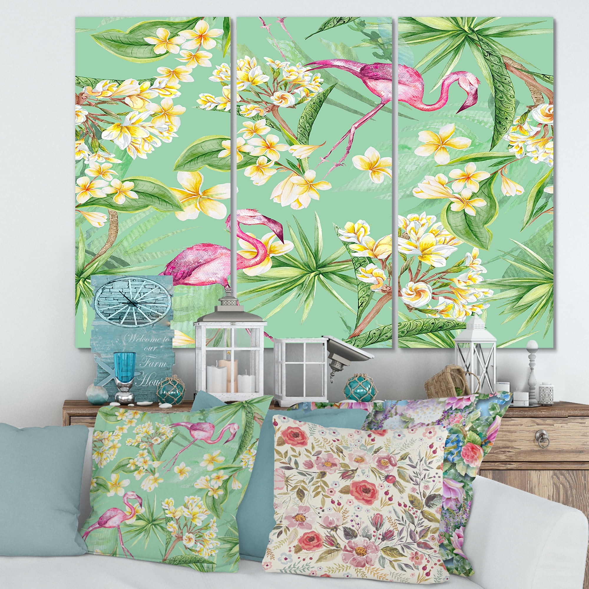 Designart ' Yellow Flowers, Tropical Foliage With Flamingo V ' Traditional Canvas Wall Art Print