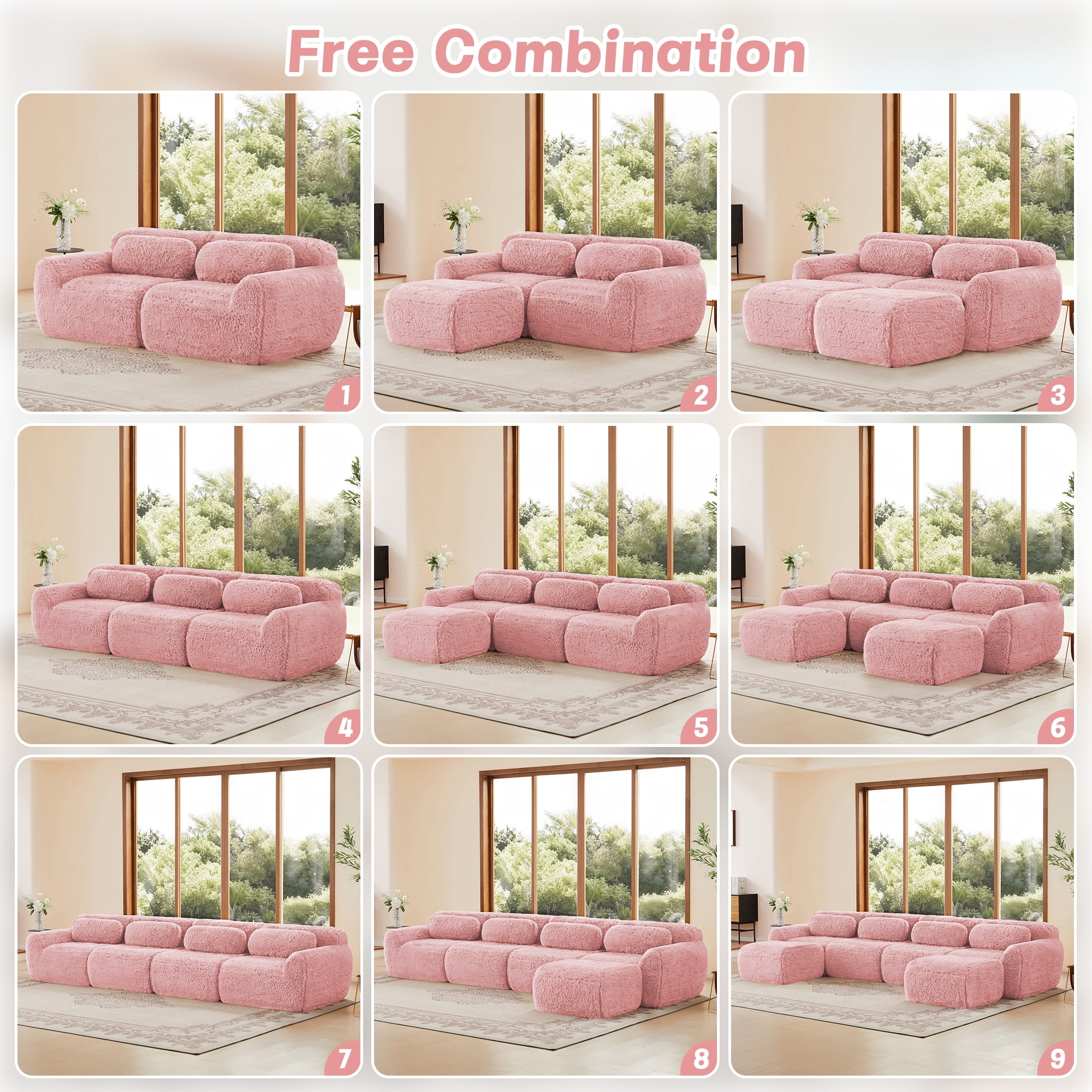 MAYEERTY 149" U-Shaped Boneless Sofa, Pink 32D High Density Foam Ergonomic Couch, Non-Slip Base Vacuum Compression Free Combination No Assembly Design for Living Room Study
