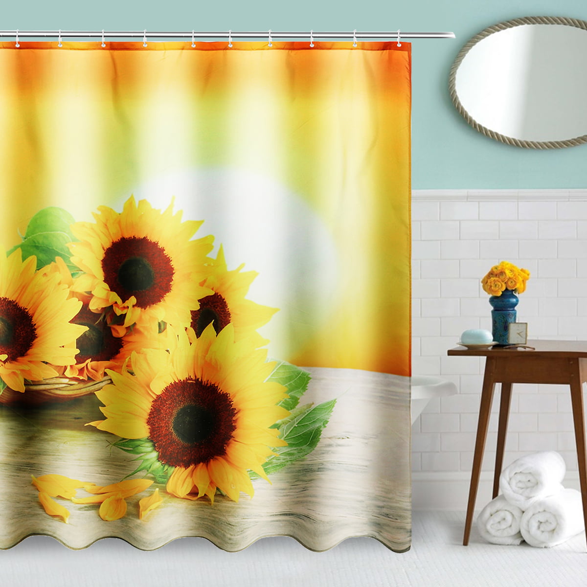 71" Sunflower Floral Shower Curtain Sets Black White Stripes for Bathroom Decor 