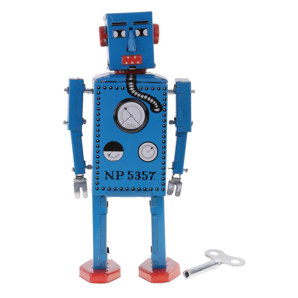 Vintage 16cm Tinplate Walking Lilliput Robot Mechanism Wind Up Toys Blue 