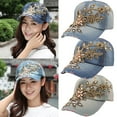 thumbnail image 3 of Trayknick Flower Embossed Rhinestone Denim Baseball Cap Summer Fashion Women Jeans Hat, 3 of 13