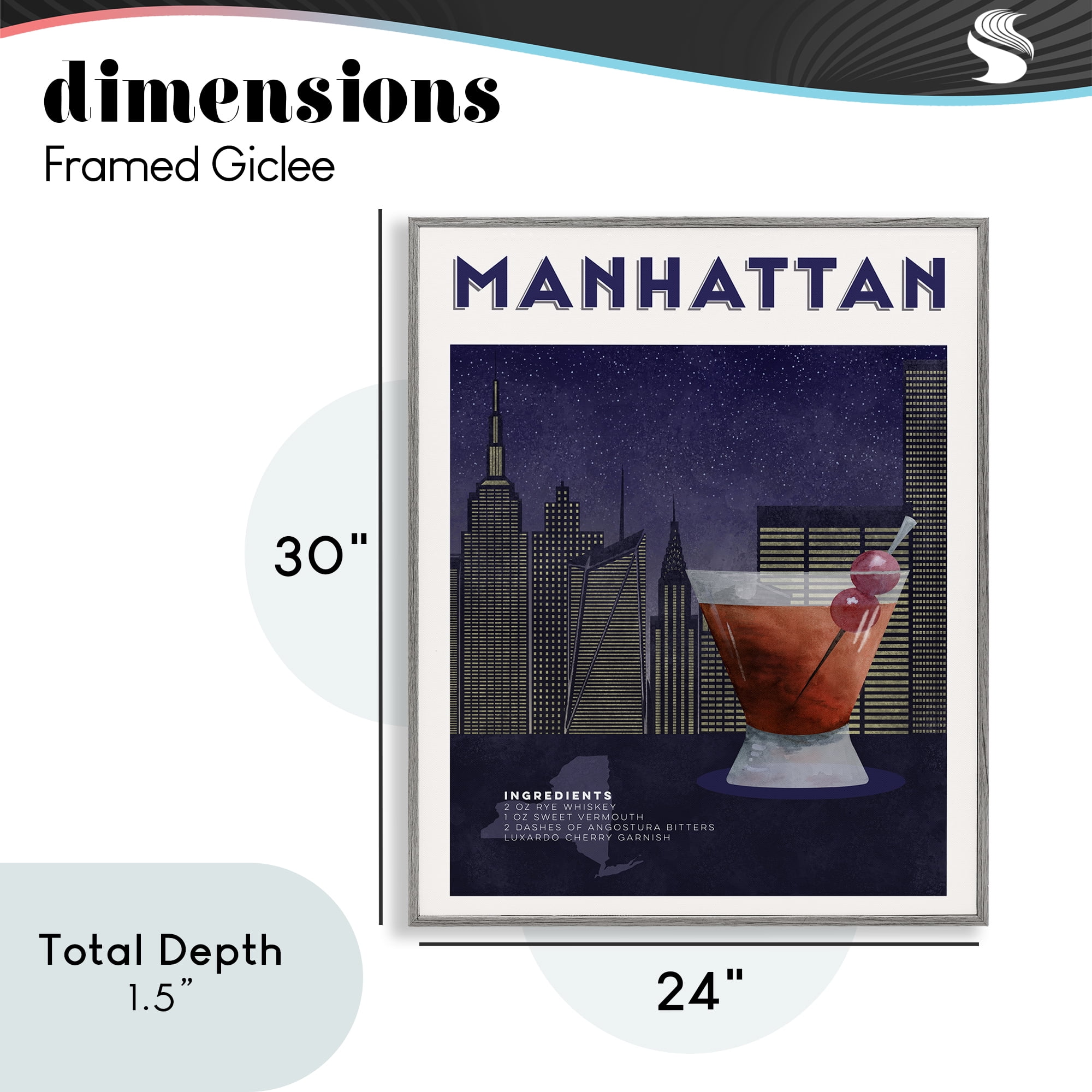 Retro Manhattan Cocktail Cityscape Gray Framed Giclee Art, design by Brett Blumenthal