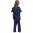 thumbnail image 5 of LIIPEE Girls Pajamas Outfits Summer Comfort Solid Color Turndown Collar Button Down Short Sleeve Tops Shorts Pants 3 Pieces Pajamas Sets Kids Classic Loungewear Outfit,Dark Blue,8-9 Years, 5 of 5