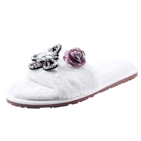 

Puawkoer Shoes Toe Warm Flowers Slip On Home Home Slippers Plush Keep Women Open Flat Furry Women s slipper