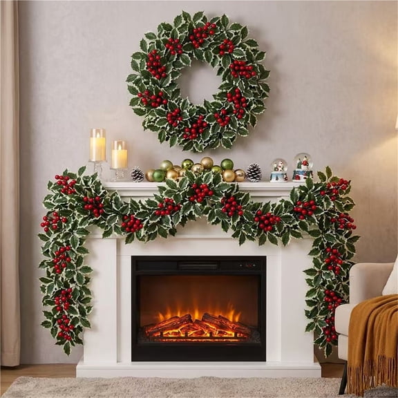 Weiwen 6.56 ft Winter Red Berry Holly Garland, Snow Flocked Artificial Greenery Vine with Berries, Indoor Outdoor Christmas Wall Stair Rail Hanging Decor