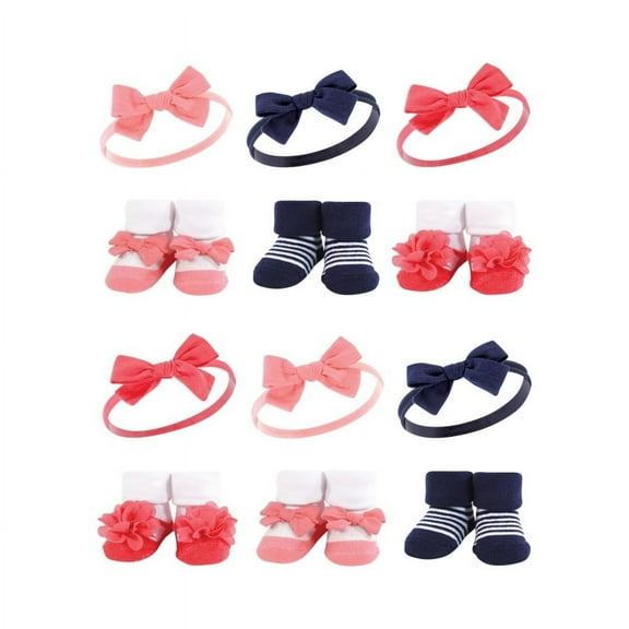 Hudson Baby Infant Girl 12Pc Headband and Socks Giftset, Navy Coral, One Size