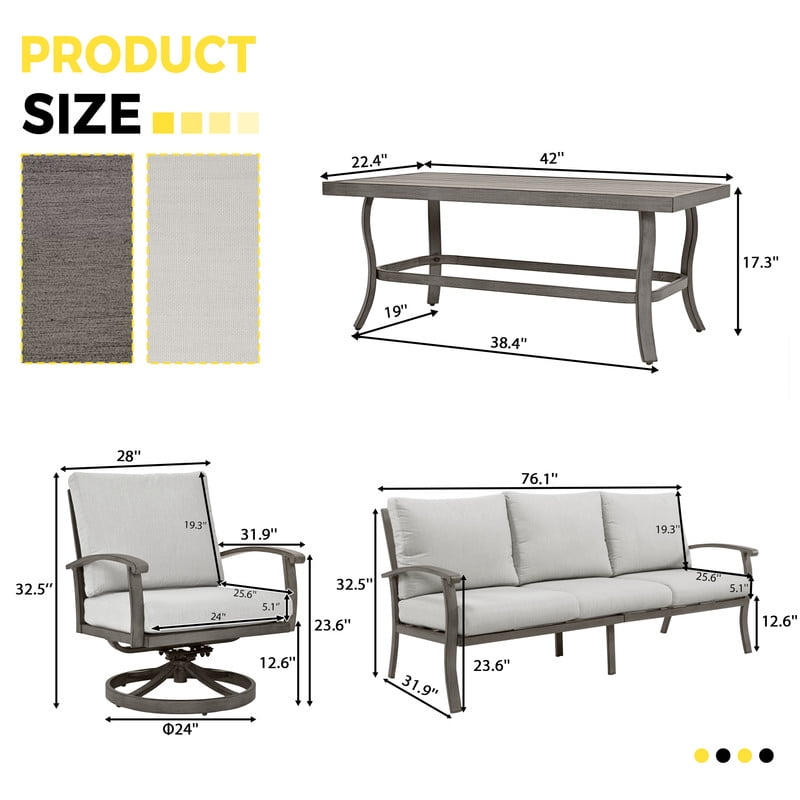 7 Piece Aluminum Patio Furniture Set, 3-Seat Outdoor Sofa with Ottoman and Swivel Armchair, Outdoor Sectional Sofa with Side Table and Coffee Table, Garden Conversation Set