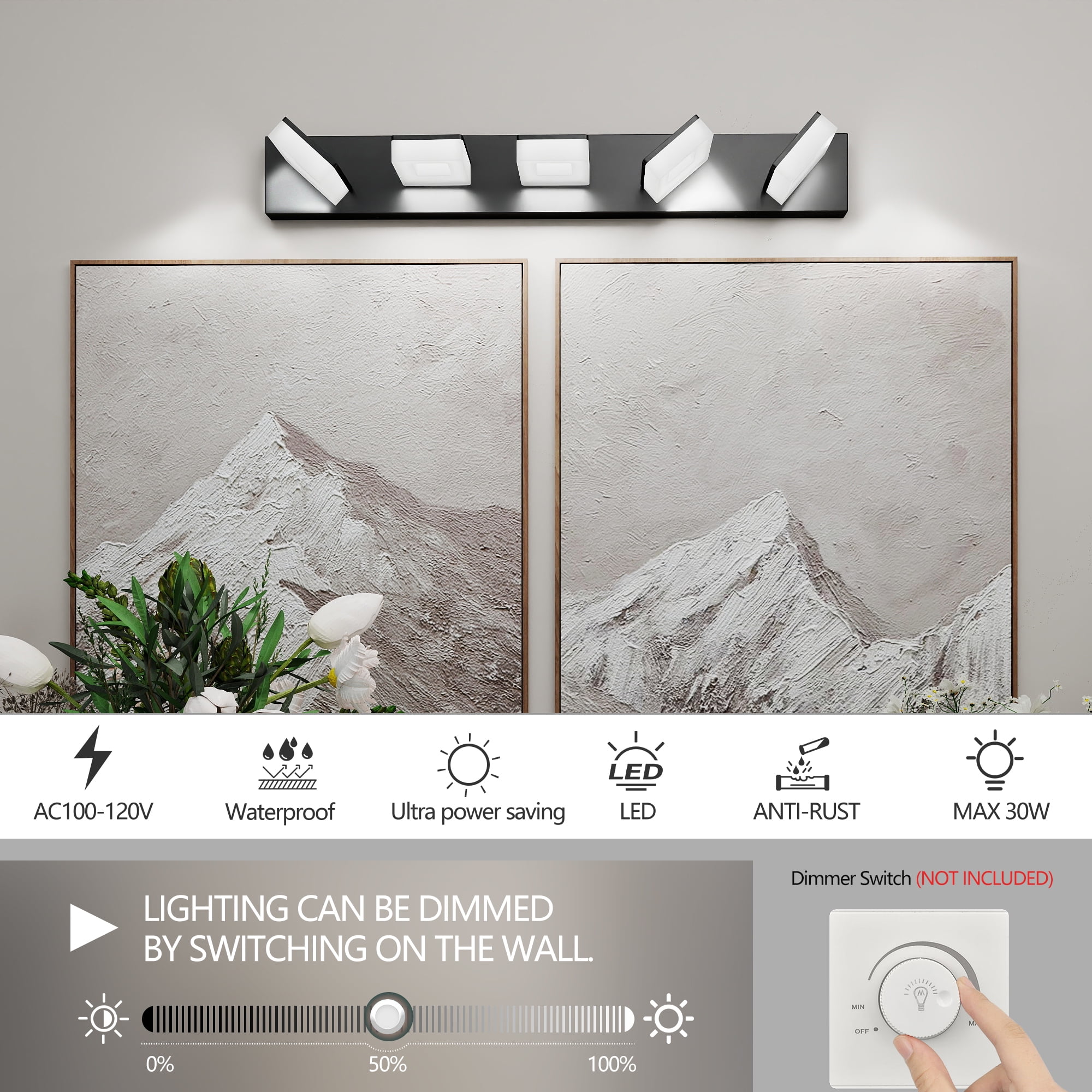 Jopath 32" Modern Matte Black 5-Light LED Wall Sconce, Adjustable Acrylic Bathroom Wall Lighting Fixtures Over Mirror Vanity Light for Bathroom, Bedroom, or Hallway