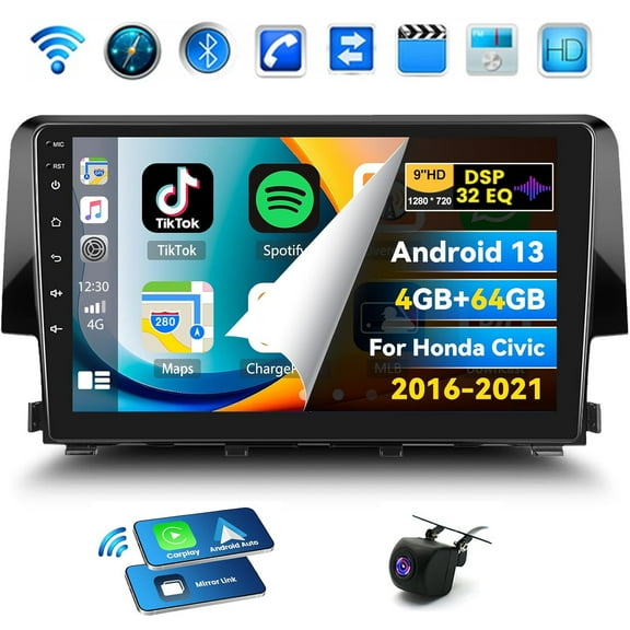 Woudy Android Car Stereo Radio for Honda Civic 2016-2021, 9" Touchscreen Car Radio Apple Carplay Android Auto GPS Bluetooth DSP FM Mirror Link WiFi, Backup Camera