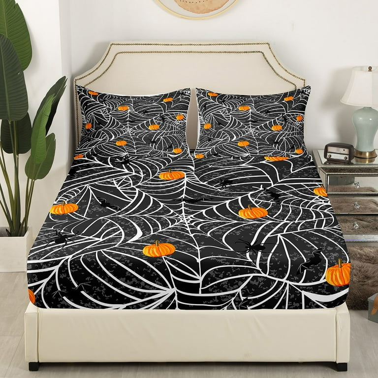 Vintage Halloween Themed Sheets Twin Size,White Spider Web Bed