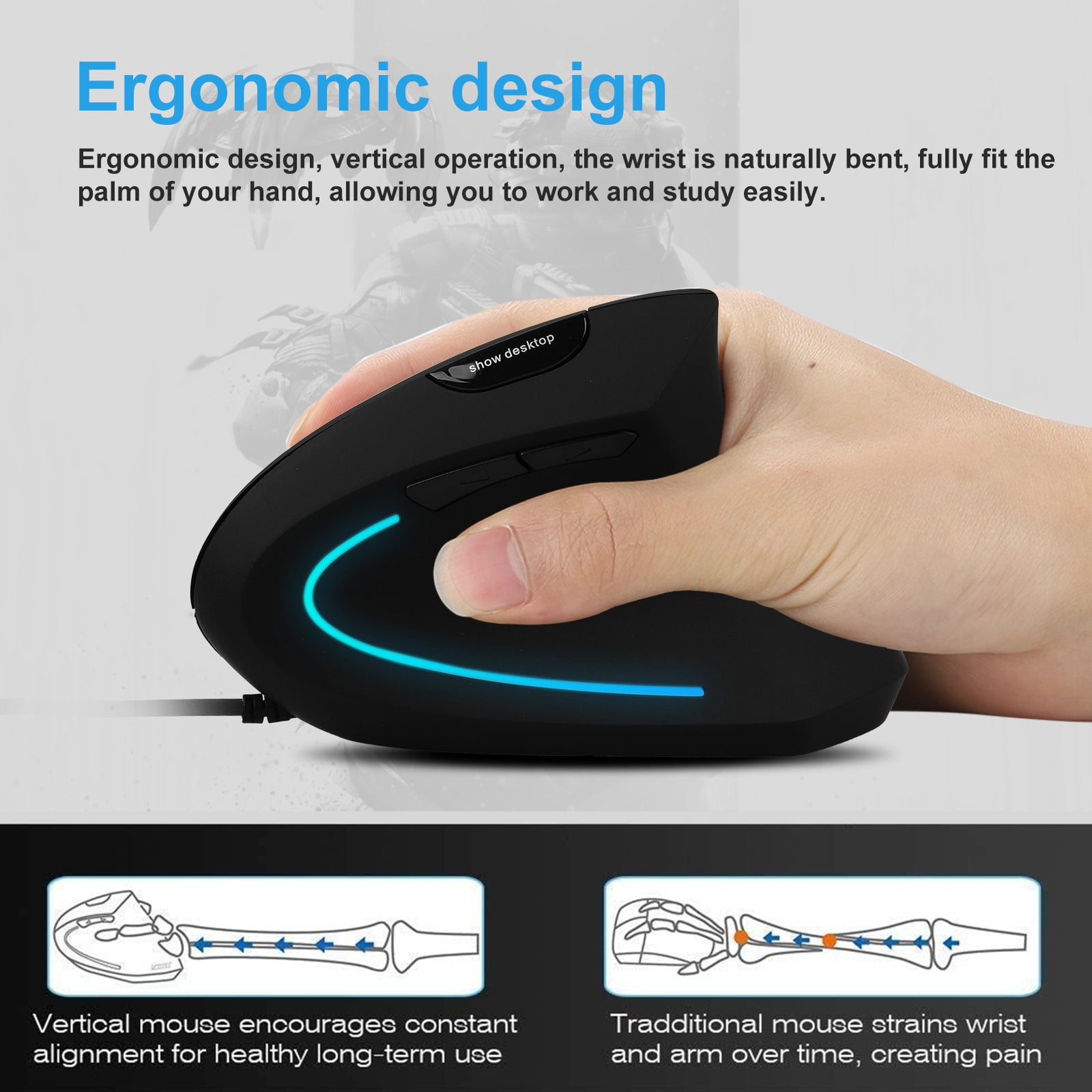 ERGONOMIC RECHARGEABLE 2.4G WIRELESS/WIRED 6 KEYS VERTICAL MOUSE MICE CHEERFUL 