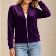 thumbnail image 3 of Kukoosong Women's Velvet Bomber Jacket, Long Sleeve Full Zip Up Stand Collar Velour Coat with Pockets, Slim Casual Lightweight Outerwear for Spring Fall Daily Wear, 3 of 7