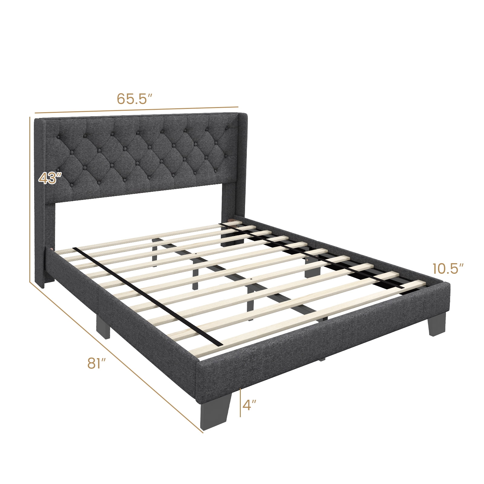 Furnibear Queen Bed Frame with Headboard, Upholstered Platform Bed with Diamond Button Tufted Wingback Headboard, No Box Spring, Gray