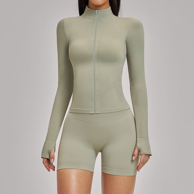 Top-kevin 2 Piece Seamless Ribbed Workout Sets With Zip Up Jacket High Waisted Gym Yoga Leggings
