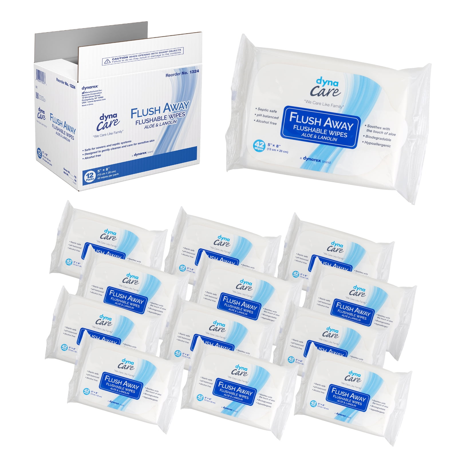 Dynarex DynaCare Flushable Wipes, Alcohol Free, 5” x 8” wipes, 1 Case - 12 Packs (42 Wipes per Pack)