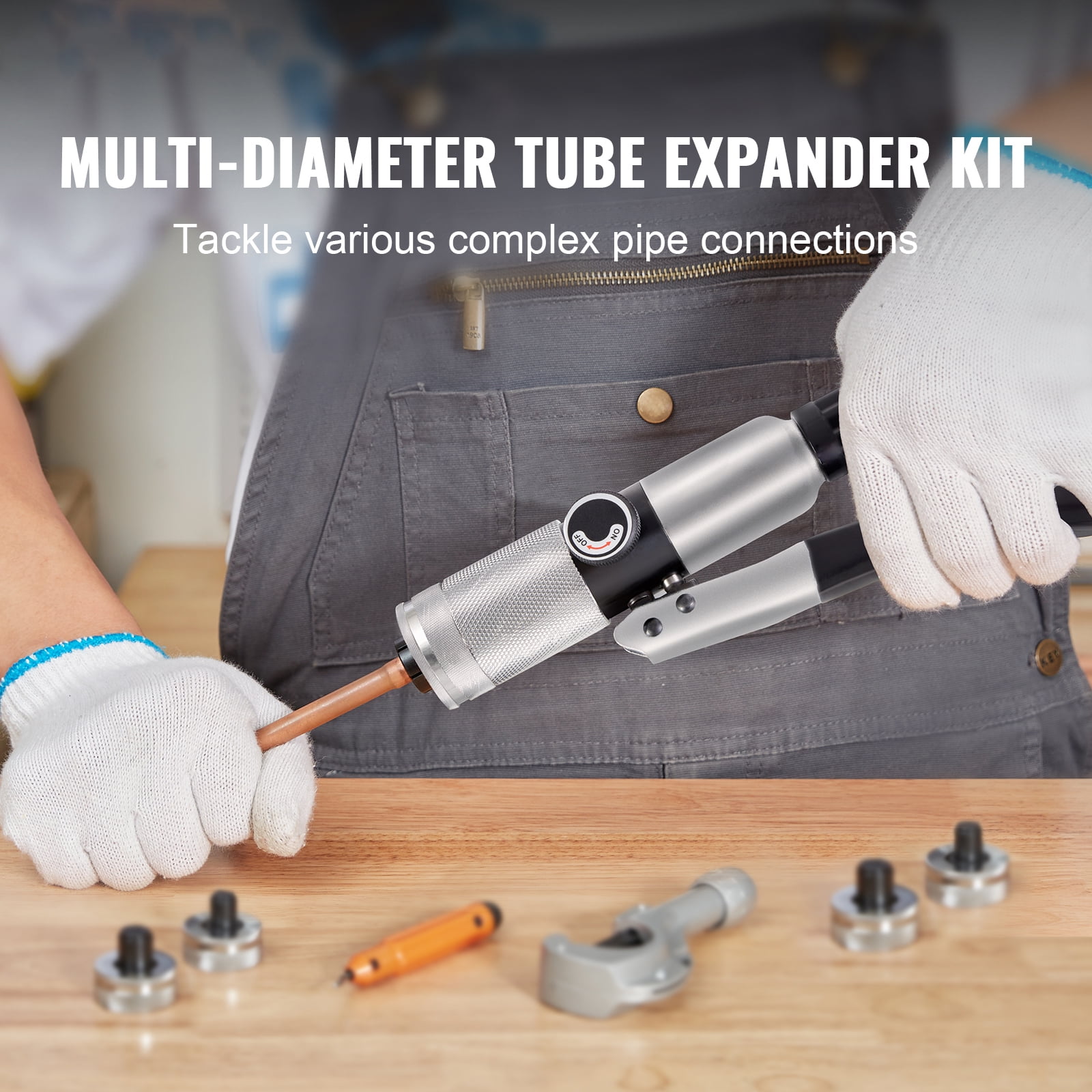 KFFKFF Hydraulic Tube Expander, 3/8" to 1-1/8" OD, HVAC Swaging Tool with 7 Expander Heads, Deburring Tool, Pipe Cutter for Copper, Aluminum, Brass, and Soft Steel Pipes