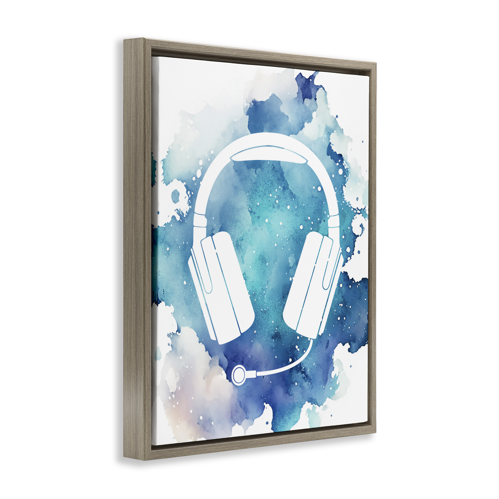 Blue Headphone Splatter Brown Framed Floater Canvas Wall Art, design by Marcus Prime